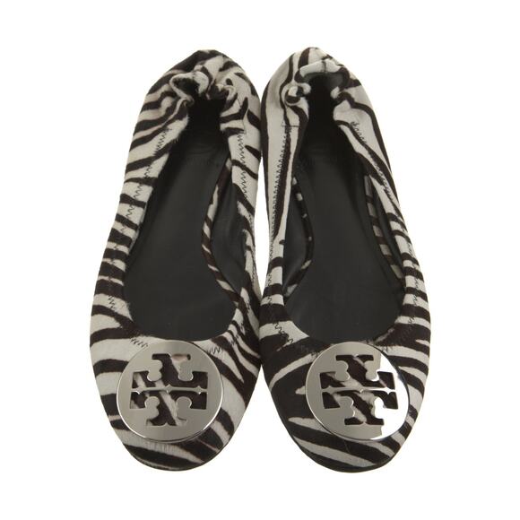 Tory Burch Logo Animal Print Zebra White Black Ponyhair Ballet Flats Shoes Sz 6 - Picture 1 of 5